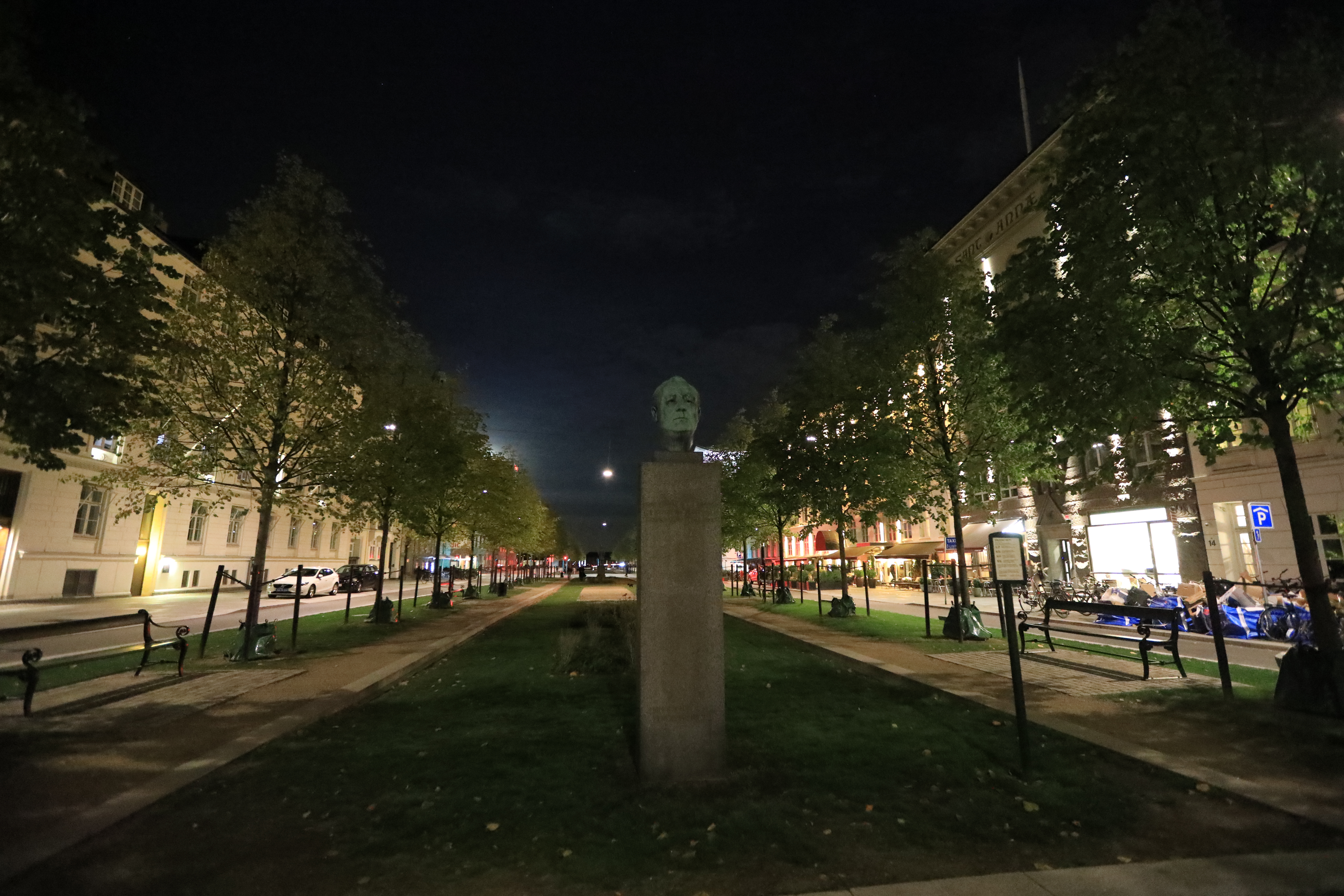 コペンハーゲンの大通りの夜景２生首の銅像