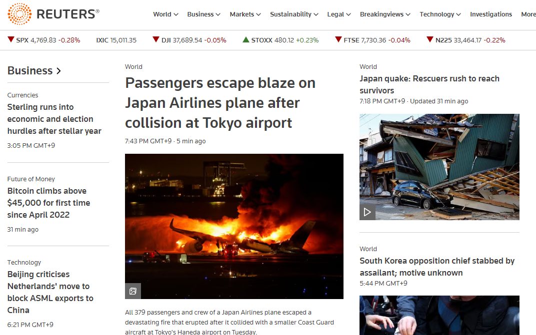ロイタートップ3見出しが日本のニュース「能登半島、羽田空港事故」
