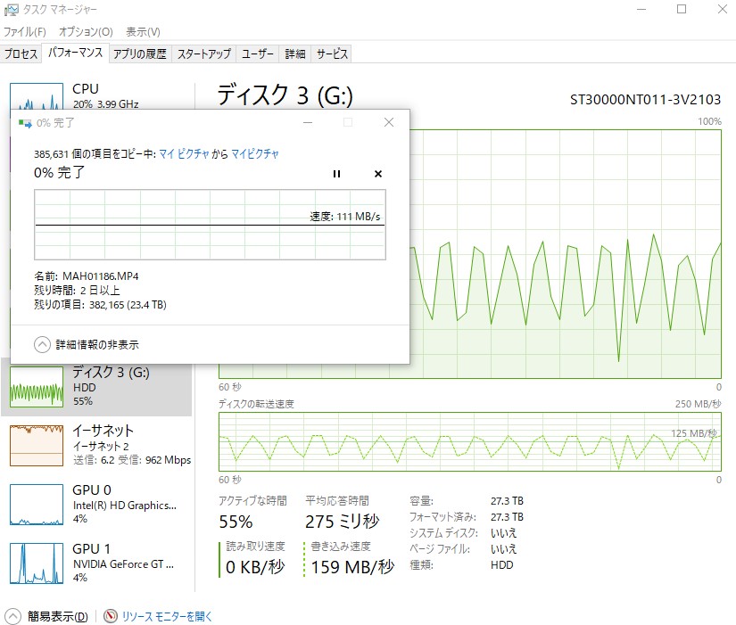 30TBのHDDの書き込み速度は40％くらいしか使用していない、111MB／s