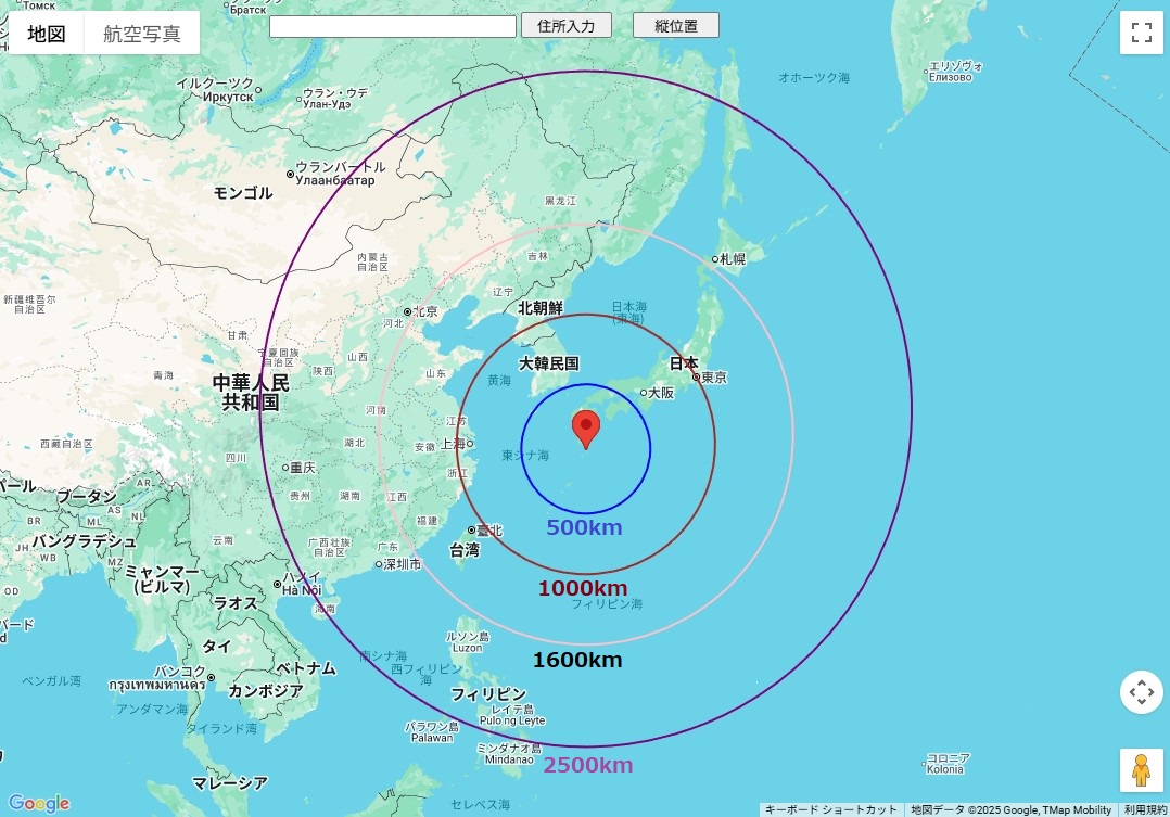 馬毛島中心の射程範囲（距離記載）