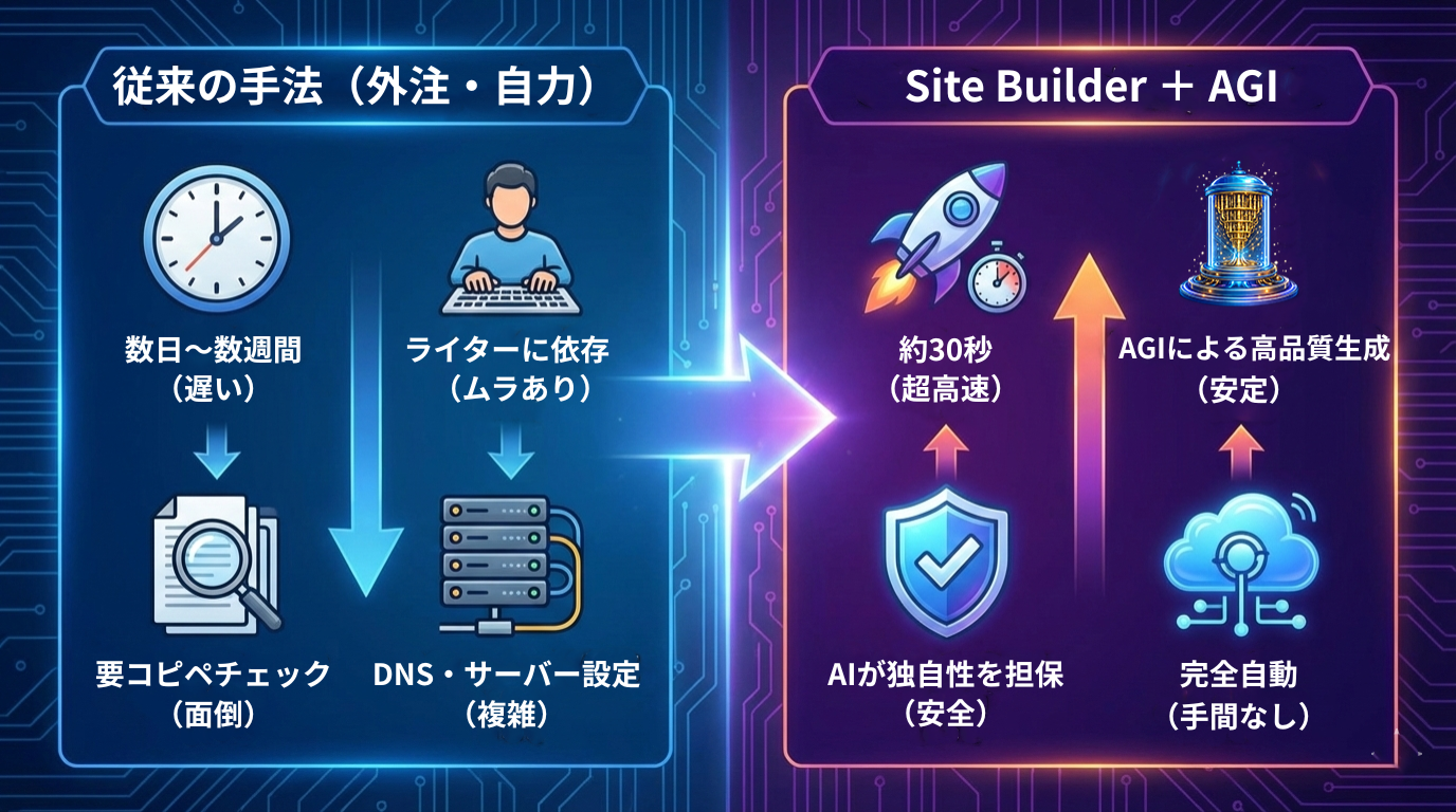 従来の手法とサイトビルダーを活用した場合の比較