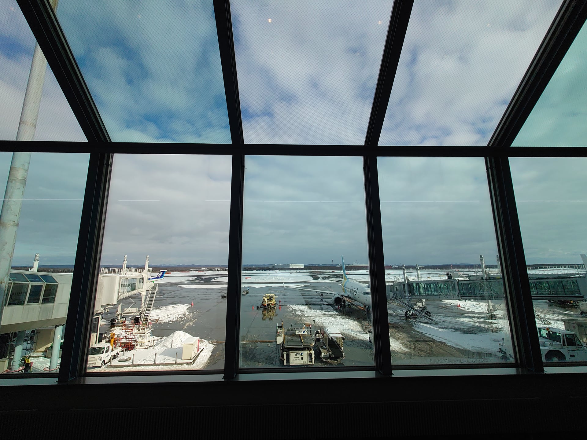 4.新千歳空港ターミナル窓からANA機と青空
