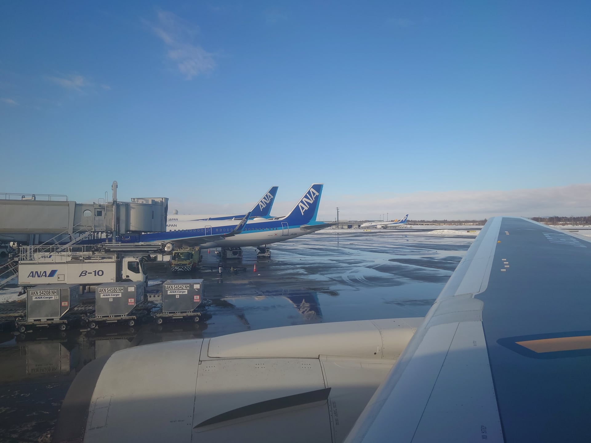8.搭乗口から見た翼と雪の滑走路